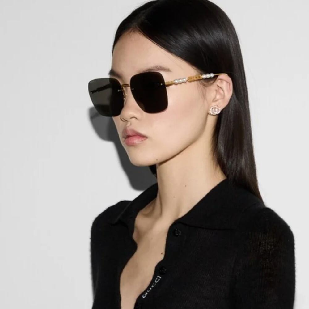 NEW Gucci GG1923SA Gold Grey Square Pearl Sunglasses $710